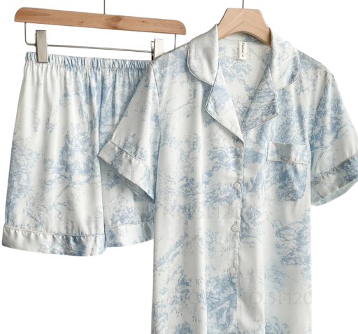 Damenpyjama mit feinen Mustern Hemd mit Kragen und kurzen Ärmeln mit Knöpfen und Brusttasche und Shorts aus weichem Polyester und Rayon