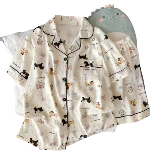 Damenpyjama mit Hundemotiv Beiges T-Shirt mit Kragen und Knopfverschluss sowie Brusttasche und Shorts aus weichem Polyester