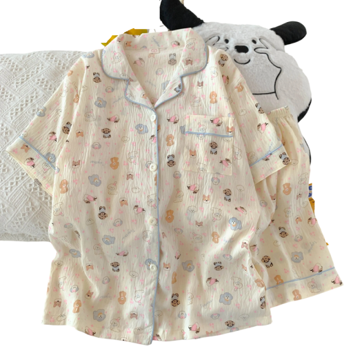 Damenpyjama mit Hundemotiv Gelbes T-Shirt mit Kragen und Knopföffnung sowie Brusttasche und Shorts aus weichem Polyester