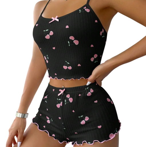 Damenpyjama mit Kirschmotiv T-Shirt mit rundem Ausschnitt und Shorts aus Polyester und Spandex Bequemer Sommeranzug in verschiedenen Farben