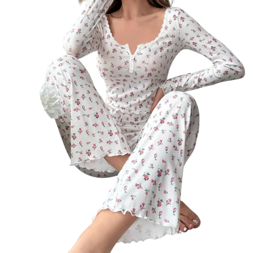 Damenpyjama mit langen Ärmeln und Hose Einfarbiger Satz mit Blumenmuster aus Polyester und Spandex in verschiedenen eleganten Farben