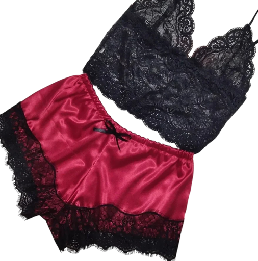 Damenpyjama mit Spitze und V-Ausschnitt Einfarbiger Polyester-Komplettsatz Trägertop und Shorts Elegantes Sommermodell für bequemen Schlaf