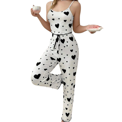 Damenpyjama mit Top und langen Hosen Einfarbiger Set mit Herzmuster aus Polyester und Spandex Bequeme elastische Sommermodel