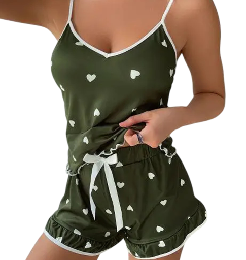 Damenpyjama mit Top und Shorts Einfarbiger Set mit Herzmuster V-Ausschnitt aus Polyester und Spandex Leichtes Sommermodell zum Schlafen