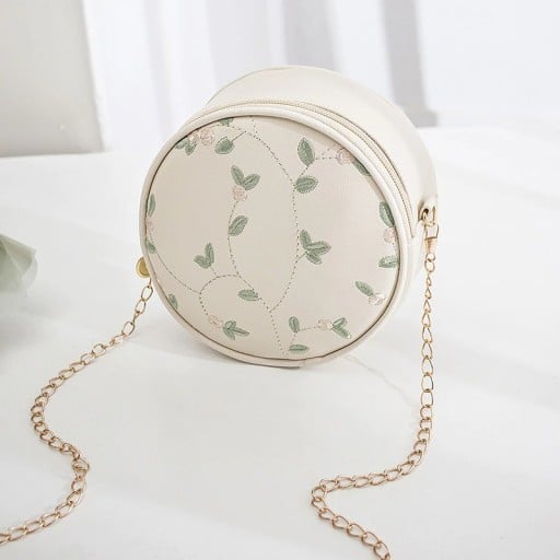Damenrunde Crossbody-Handtasche mit bestickten Blättern und Blüten Metallkette über der Schulter Reißverschluss PU-Leder 17 x 6 x 17 cm