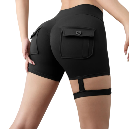 Damenshorts mit hoher Taille und figurbetonter Passform. Gesäßtaschen mit Patte. Elastischer Bund am Oberschenkel. Formende Shorts für die Freizeit.
