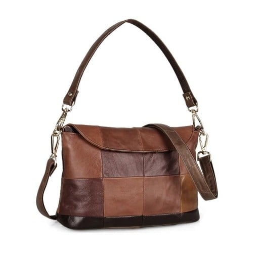 Damentasche aus echtem Leder Patchwork in Brauntönen Kurzes Griff und langer Schultergurt Klappe Hintere Reißverschlusstasche 29 x 19 x 11 cm