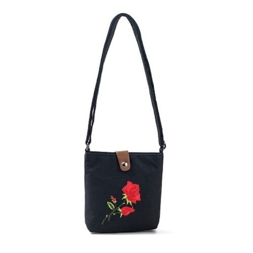 Damentasche aus Stoff Crossbody Motiv rote Rose Verschluss mit Schlaufe und Metallknopf Langer Riemen Baumwolle und Polyester 16 x 18 x 5