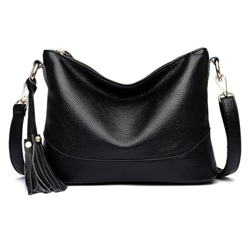 Damentasche Umhängetasche mit Reißverschluss und Quaste Taschen mit Reißverschluss hinten und innen Weiches, genarbtes echtes Leder Maße