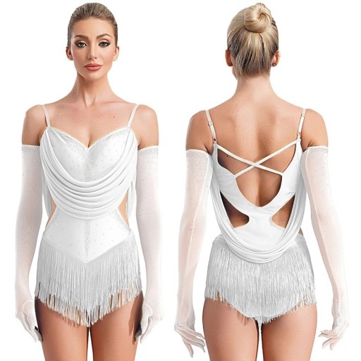 Damernas dansbody med fransar och stenar, justerbara axelband och handskar, polyester nylon elastan, för latin och uppträdanden