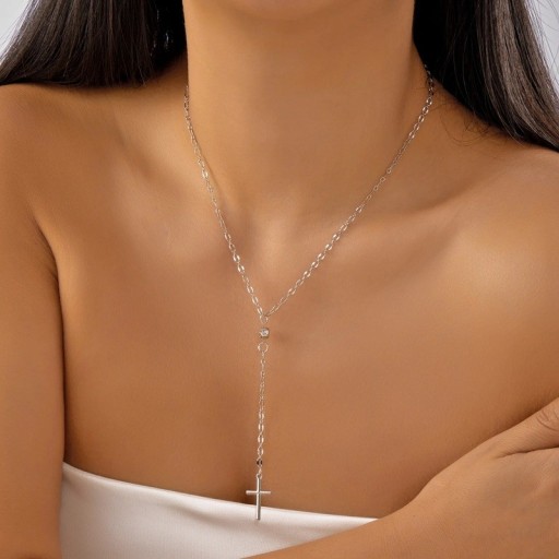 Damernas långa kedjehalsband Hänge kors Zirkon Enkel metall choker med hängande kedja för kvinnor