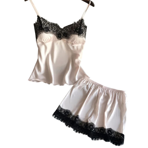 Damernas satinpyjamas i siden Elegant set i en färg med spets Linne med V-ringning och shorts Lätt glänsande material Olika färger