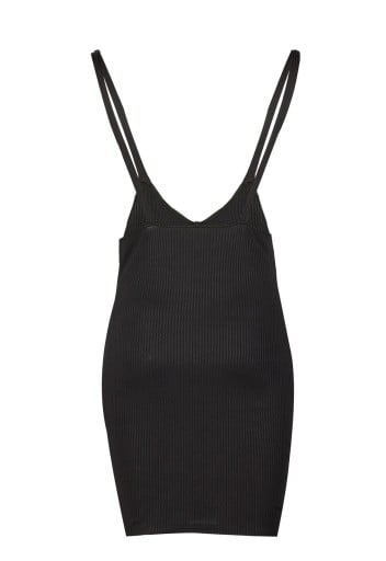 Dames aansluitende mini rok met schouderbandjes Ribbelrok met hoge taille en V-hals van polyester