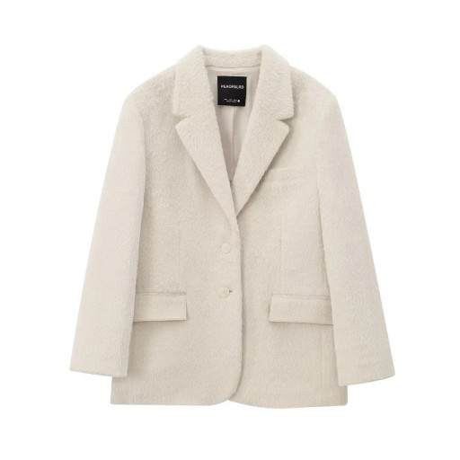 Dames beige pluche blazer met kraag en zakken Elegante zachte jas van polyester Effen herfst- en winterkleding