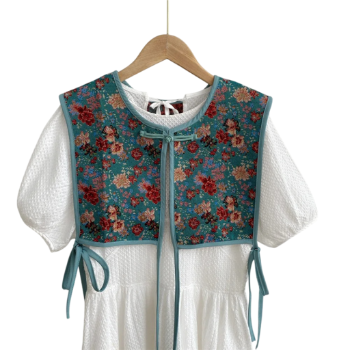 Dames bloemenvest met strik in universele maat katoen kasjmier blauwgroen zonder mouwen voor layering dagelijks gebruik