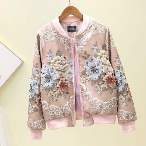 Dames bomberjack met verhoogde bloemen en ornamentaal patroon Ritssluiting Geribbelde kraag en manchetten Polyester en spandex