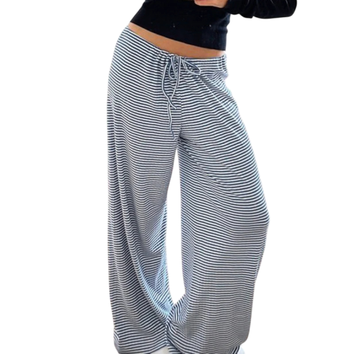 Dames casual gestreepte losse broek met vetersluiting Comfortabele linnen broek met elastische taille Ademende broek voor lente en zomer