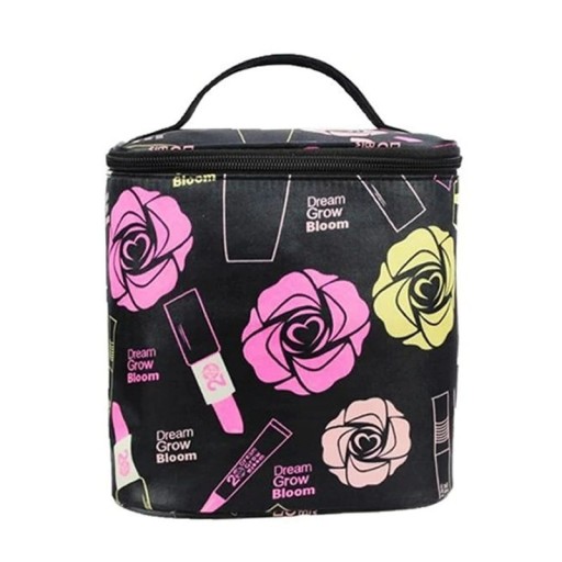 Dames cosmetica tas zwart met rozen- en cosmetica print Polyester Handgreep op deksel Rits rondom deksel Ronde vorm 19 x 16 x 19 cm