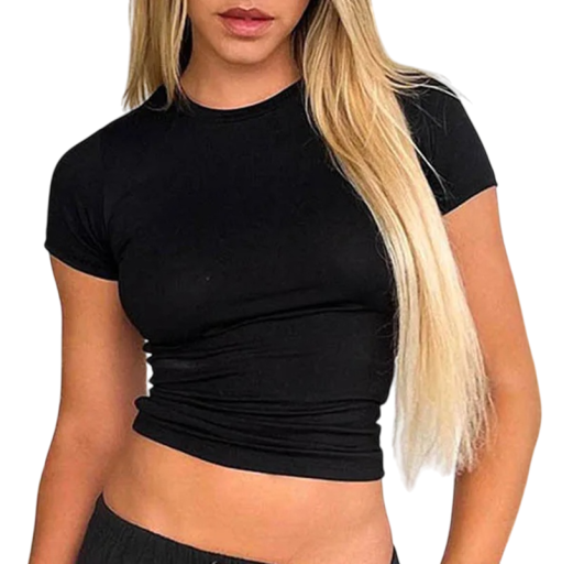 Dames crop top met korte mouwen. Aansluitende elastische top met ronde hals. Modern T-shirt. Casual korte snit. Vrijetijdskleding.