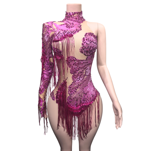 Dames dansbody met pailletten en franjes, één lange mouw, hoge hals en netstof, materiaal rayon, voor Latin en optredens