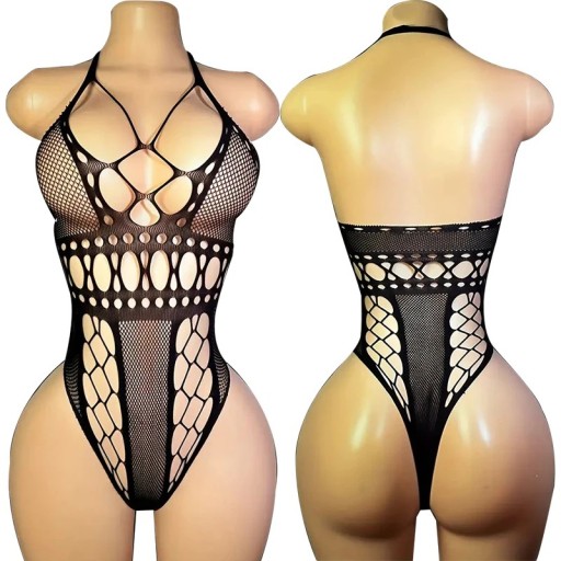 Dames doorzichtige net bodysuit met diepe halslijn, vetersluiting op de borst en grote openingen in zwart, universele maat