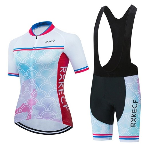 Dames fietset – shirt met korte mouwen met rits en bretels met schubbenmotief, voor fietsen en sport