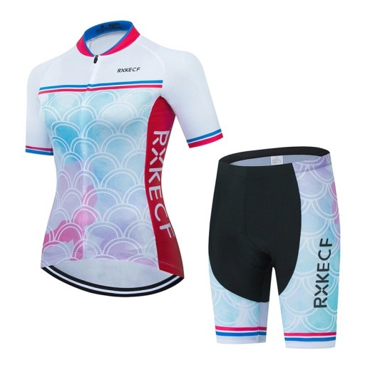 Dames fietset – shirt met korte mouwen met rits en shorts met schubbenmotief, voor fietsen en sport