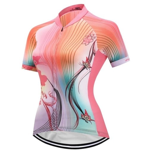 Dames fietsshirt met korte mouwen, roze met vlinderprint, voor fietsen en sport