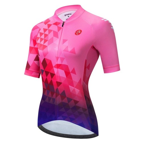 Dames fietsshirt met korte mouwen, roze-paars met geometrisch patroon, voor fietsen en sport