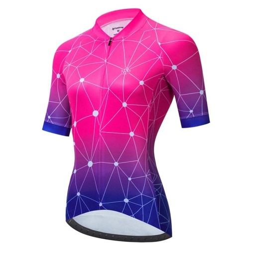 Dames fietsshirt met korte mouwen, roze-paars met netmotief, voor fietsen en sport