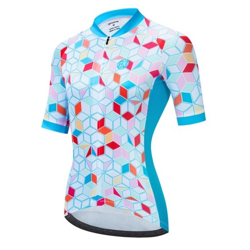 Dames fietsshirt met korte mouwen, wit-turkoois met geometrisch patroon, voor fietsen en sport
