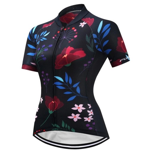 Dames fietsshirt met korte mouwen, zwart met bloemenmotief, voor fietsen en sport