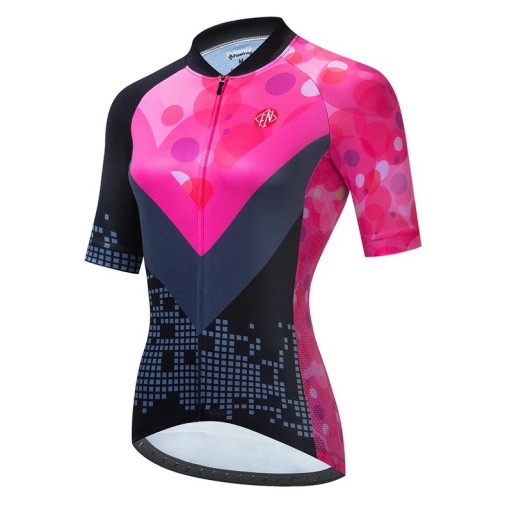 Dames fietsshirt met korte mouwen, zwart-roze met bubbels motief, voor fietsen en sport