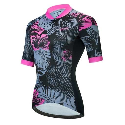 Dames fietsshirt met korte mouwen, zwart-roze met tropisch motief, voor fietsen en sport