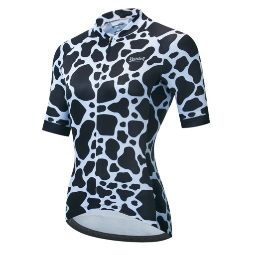 Dames fietsshirt met korte mouwen, zwart-wit met koeienpatroon, voor fietsen en sport