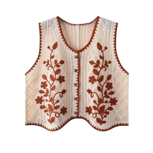 Dames geborduurde vest met knopen universele maat polyester zonder mouwen bloemenpatroon voor lagen dagelijks gebruik