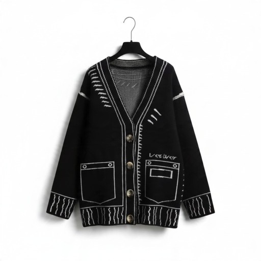Dames gebreide blazer V-hals Knopen Sluiting Contrastpatroon Vrije Snit Polyester Voor de stad en vrije tijd