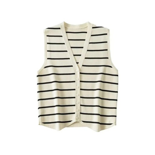 Dames gebreide vest met knopen zonder mouwen polyester wit zwart gestreept patroon voor dagelijks gebruik en layering
