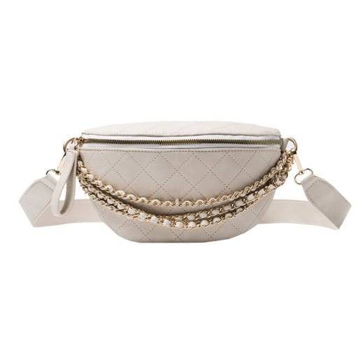 Dames gewatteerde heuptas met decoratieve kettingen en brede schouderband Ruitpatroon Metalen rits PU leer en polyester 26 x 9 x 15 cm