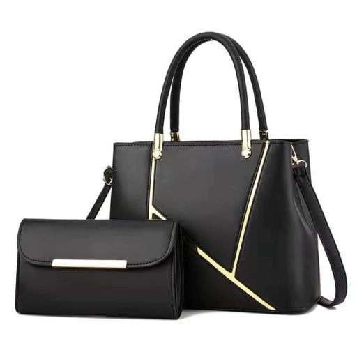 Dames handtassenset 2 stuks Handtas met schouderband 31 x 12 x 23 cm en clutch 21 x 4 x 13 cm van kunstleer met gouden strepen