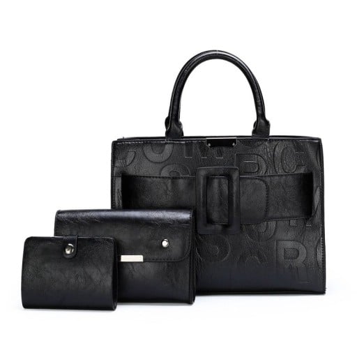 Dames handtassenset 3 stuks Handtas met schouderriem 32 x 13 x 23 cm clutch en portemonnee van kunstleer Opdruk van letters en grote gesp