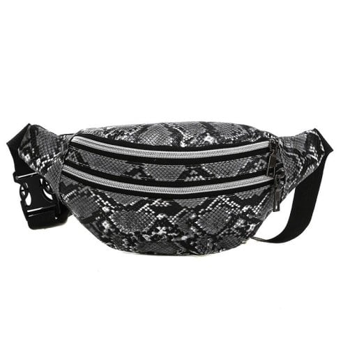Dames heuptas met slangenpatroon Twee ritszakken aan de voorkant Brede zwarte band met plastic sluiting PU leer 31 x 8,5 x 13,5 cm
