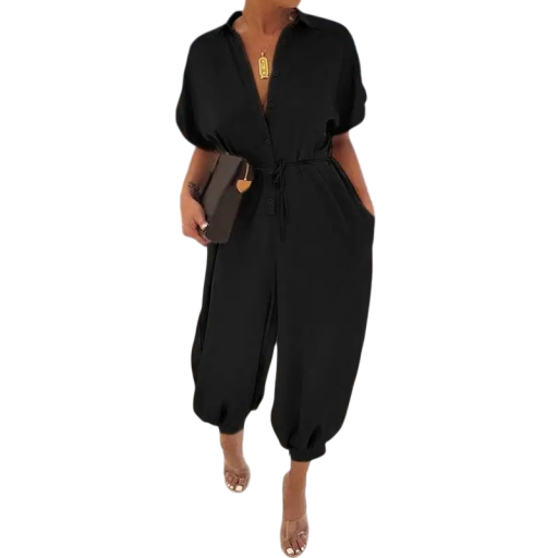 Dames jumpsuit effen met kraag V-hals Korte mouwen Lange broeken Knopen sluiting Tailleband Polyester