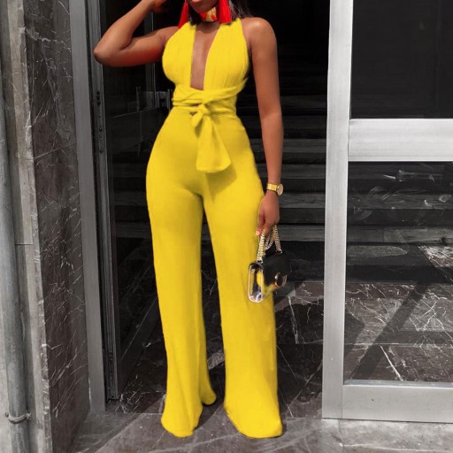 Dames jumpsuit met diepe halslijn en strikbandjes