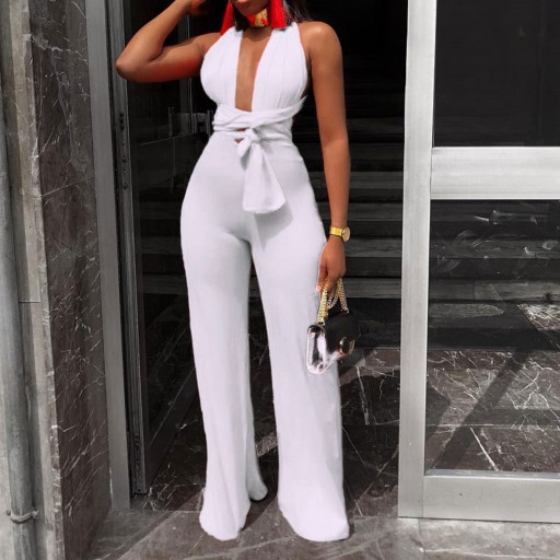 Dames jumpsuit met diepe halslijn en strikbandjes