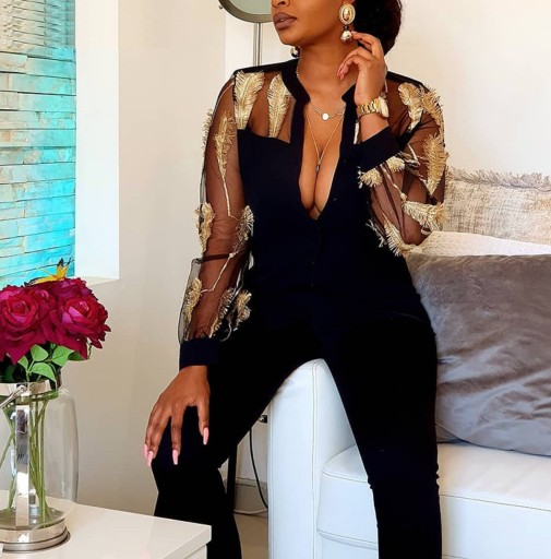 Dames jumpsuit met doorschijnende mouwen