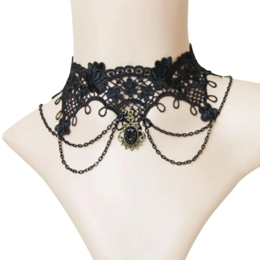 Dames Kanten Choker met Kettingen en Versiering met Sluiting 32 + 5 cm Halsketting Kanten Zwart Opvallende Accessoire voor Avond- en Dagelijks Gebruik