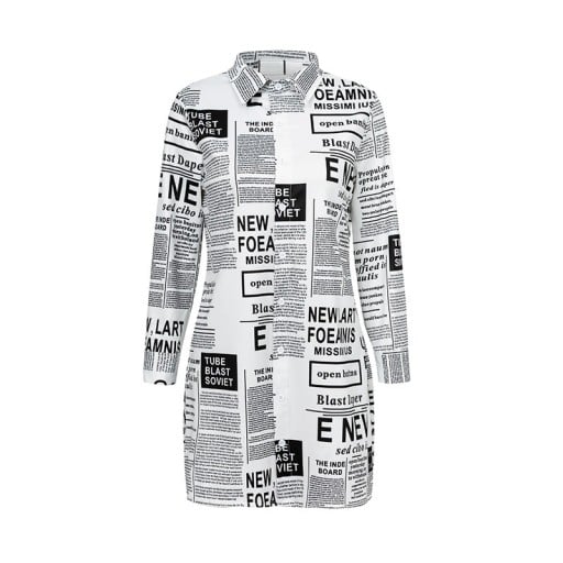 Dames lange blouse met krantenprint Zwart-wit patroon Lange mouw Blousekraag Knoopsluiting Polyester met spandex