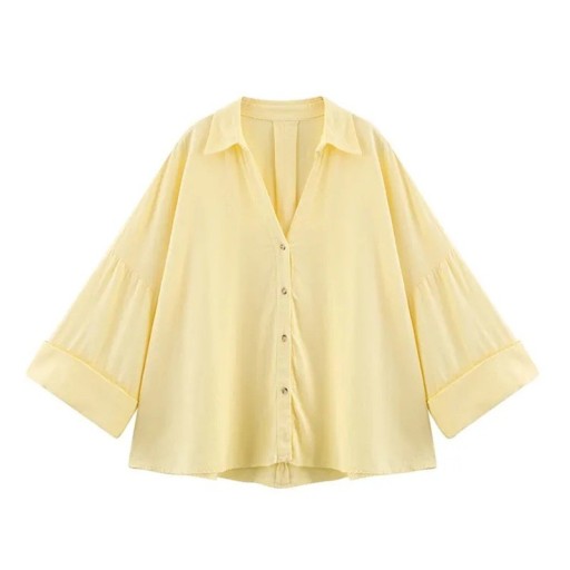 Dames licht linnen overhemd met kraag Brede mouwen Asymmetrische zoom Knoopsluiting Luchtige blouse van natuurlijk materiaal
