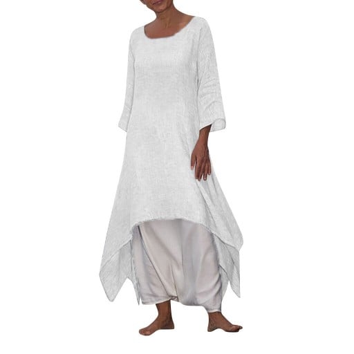 Dames losse maxi jurken ook voor vollere figuren Asymmetrische onderrand met punten Driekwartmouw Ronde hals Lichte polyester stof